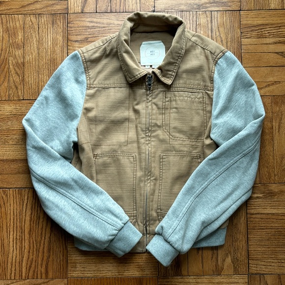 Anthropologie Cropped Tan and Grey Lightweight Bomber Jacket - Picture 4 of 5